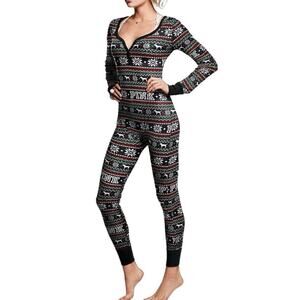 PINK Victoria's Secret Fair Isle Dog Patterned Pajama One Piece Onesie Jumpsuit